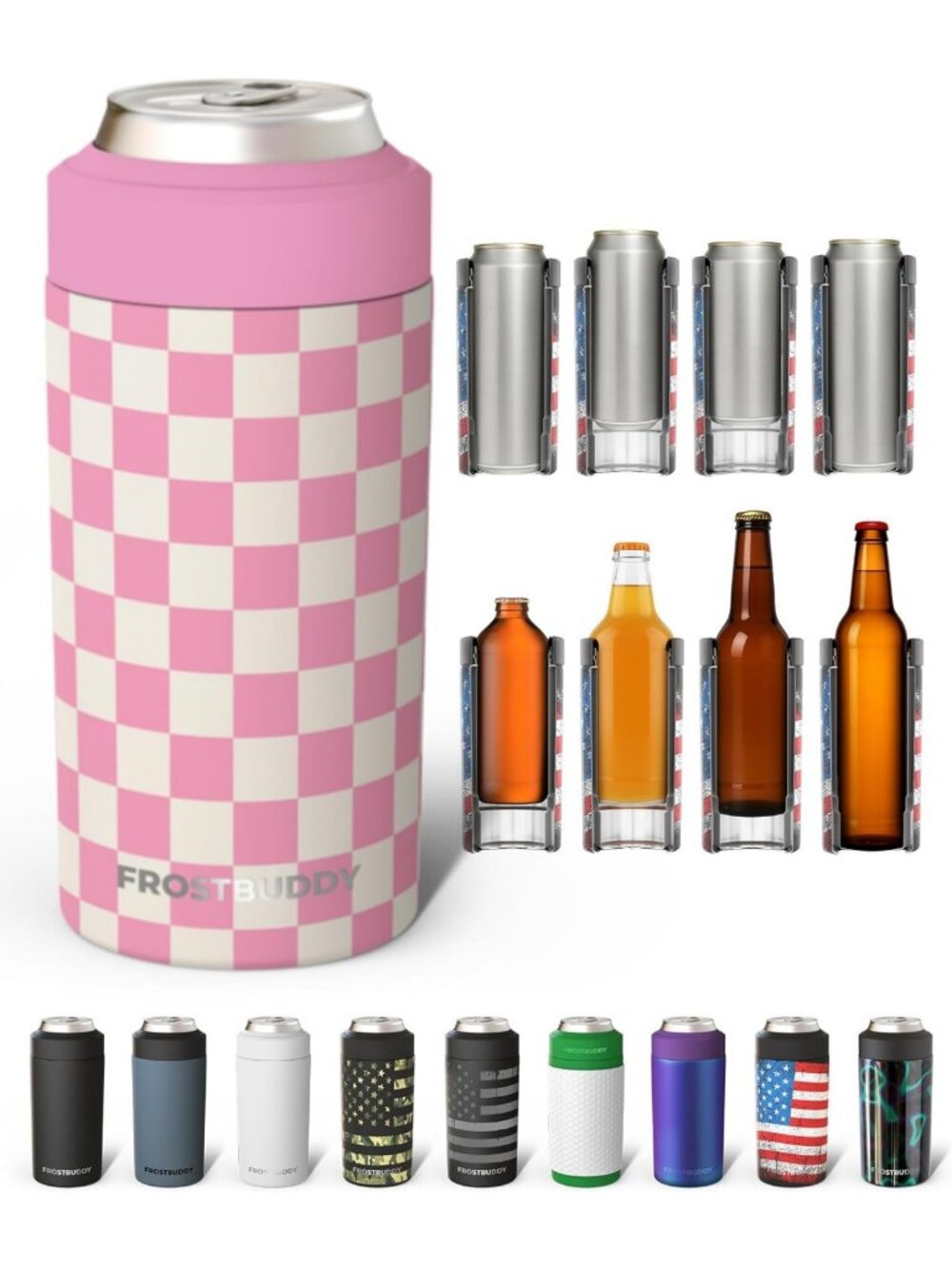Pink Checkered Stainless Steel Can Cooler - Insulated Beverage Holder for